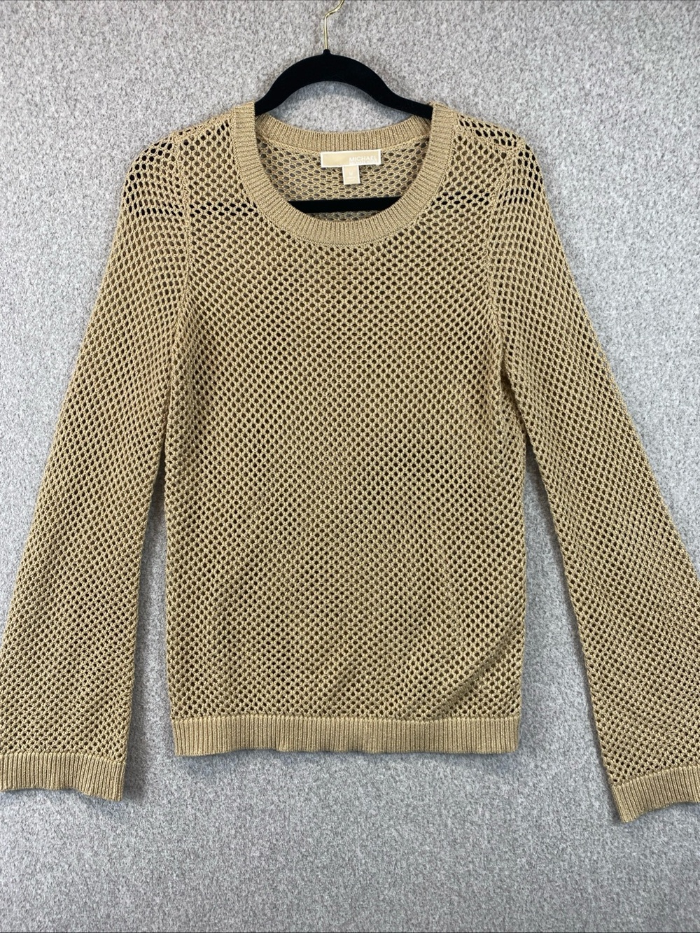 Michael Michael Kors Women's Size M Long Sleeves Open Knit Sweater Beige Gold
